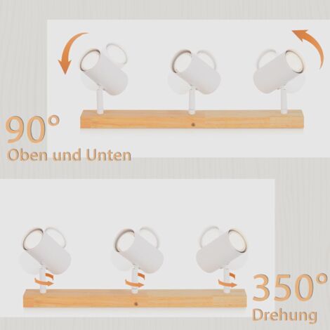 GBLY Plafonnier en bois 3 spots - Projecteur de plafond moderne avec spots GU10 blancs industriels pivotants à 350° - Applique murale rétro pour chambre à coucher, salon, bureau, couloir et cuisine