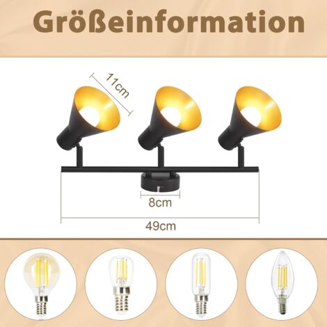 GBLY Plafonnier Spot , 3x E14 ,  pivotante & orientable , design industriel , vintage spot mural , noir , IP20 , 49 x 11 x 21 cm , sans ampoules