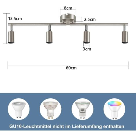 GBLY plafonnier LED 4 spots pivotants & orientables , GU10 ,  Spot plafond , Chrome , Moderne , éclairage intérieur plafond LED cuisine chambre salon , IP20 , sans ampoules