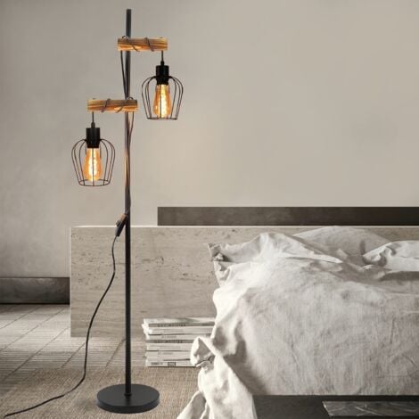 GBLY lampadaire vintage salon ，en bois à 2 flammes au design industriel en métal et bois - avec interrupteur - noir - douille : E27 - hauteur : 151cm - sans ampoule