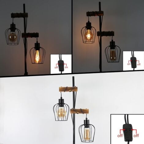 GBLY lampadaire vintage salon ，en bois à 2 flammes au design industriel en métal et bois - avec interrupteur - noir - douille : E27 - hauteur : 151cm - sans ampoule