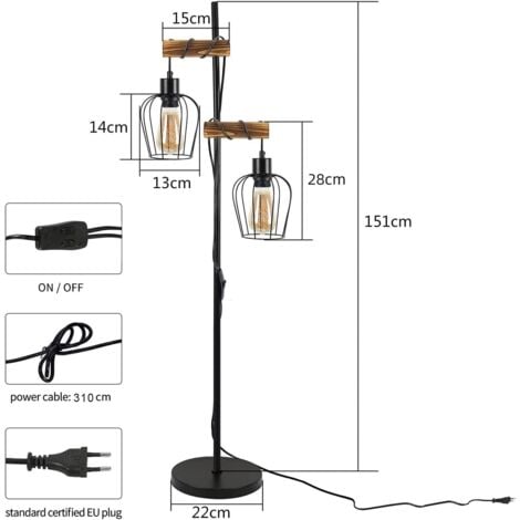 GBLY lampadaire vintage salon ，en bois à 2 flammes au design industriel en métal et bois - avec interrupteur - noir - douille : E27 - hauteur : 151cm - sans ampoule