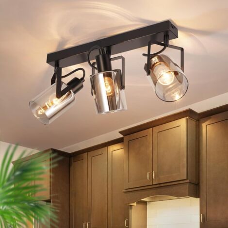 Gbly – Plafonnier à spots vintage 3 lumières – Éclairage rétro en verre gris fumé – Douille E14 – Rotation 350° – Indice de protection IP20