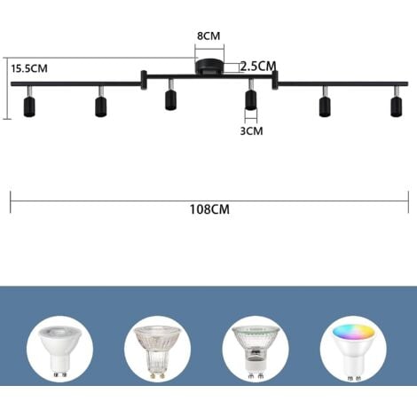 GBLY plafonnier LED 6 spots pivotants & orientables , GU10 ,  Spot plafond , Noir , Moderne , éclairage intérieur plafond LED cuisine chambre salon , IP20 , sans ampoules