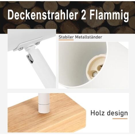 GBLY Plafonnier blanc à 2 spots en bois et métal rétro moderne avec douilles GU10, orientables à 350° pour éclairer différentes zones du salon, de la chambre, du bureau  - Ampoules non incluses