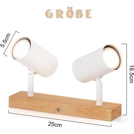 GBLY Plafonnier blanc à 2 spots en bois et métal rétro moderne avec douilles GU10, orientables à 350° pour éclairer différentes zones du salon, de la chambre, du bureau  - Ampoules non incluses
