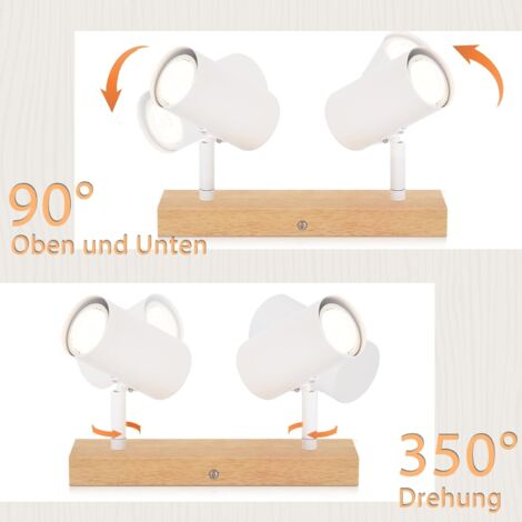 GBLY Plafonnier blanc à 2 spots en bois et métal rétro moderne avec douilles GU10, orientables à 350° pour éclairer différentes zones du salon, de la chambre, du bureau  - Ampoules non incluses
