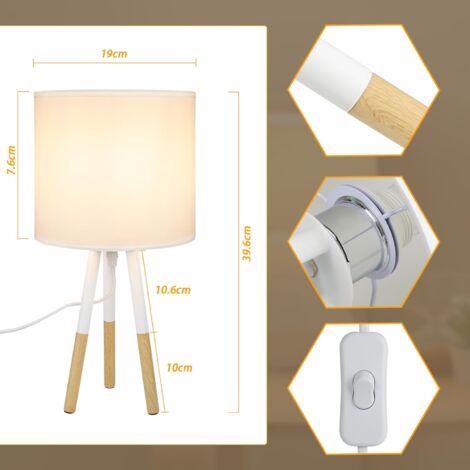 EDISHINE Lot De 2 Petites Lampes De Chevet Trépied En Bois Avec Abat-jour En Tissu De Lin, Lampe