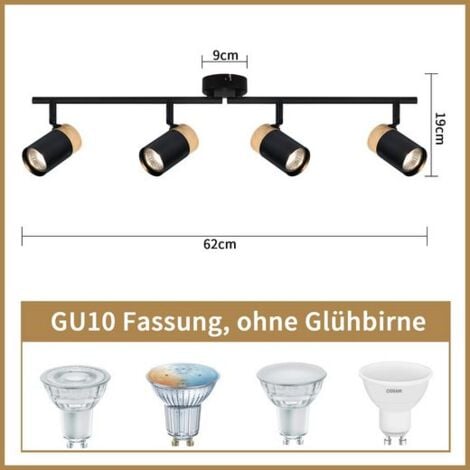 GBLY Plafonnier en bois noir - Plafonnier 4 flammes GU10 LED orientable 330° Spot pour salon chambre cuisine chambre enfants Sans ampoule
