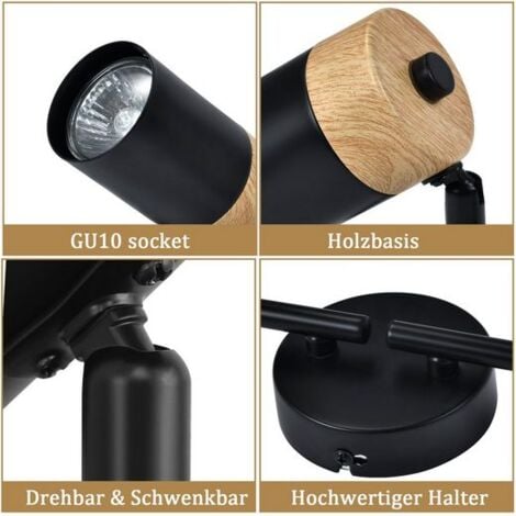 GBLY Plafonnier en bois noir - Plafonnier 4 flammes GU10 LED orientable 330° Spot pour salon chambre cuisine chambre enfants Sans ampoule