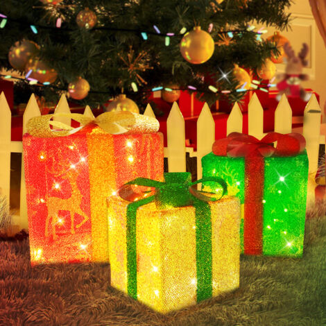 Lot De 3 Boîtes Cadeaux Lumineuses LED - Télécommande, 8 Modes, étanche - Décoration De Noël Intérieure/extérieure - 4