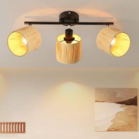Ketom Plafonnier LED 3 Spots Blanc et Bois, E14 Plafonnier Spots