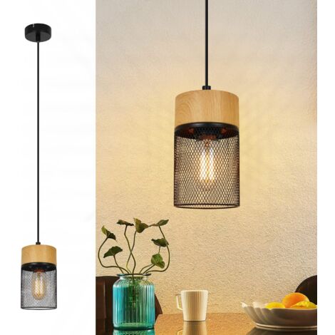 GBLY Lampe suspendue vintage pour table à manger : 1 lampe suspendue à flamme en grille noire en grain de bois industrielle avec support de lampe E27 MAX.40 W, lampe de table à manger (1/5)