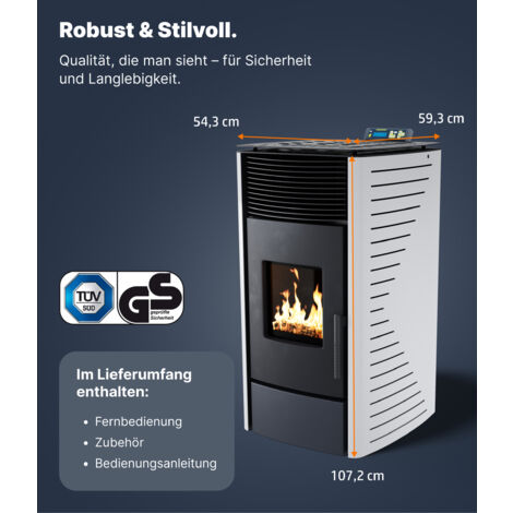 NEMAXX® Pelletofen P12 - Pelletheizung mit 13,6 kW – Pelletofen [HOHE HEIZLEISTUNG] – Pelletofen Elektrokamin Wi-Fi Ready – Pelletofen mit hoher Wärmeabgabe & Überhitzungsthermostat - Weiß
