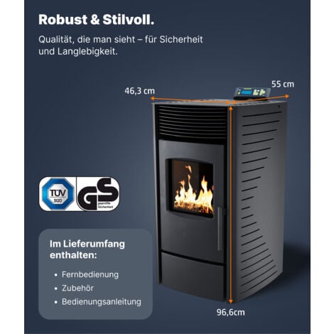 NEMAXX® Pelletofen P9 - Pelletheizung mit 9 kW – Pelletofen [HOHE HEIZLEISTUNG] – Pelletofen Elektrokamin Wi-Fi Ready – Pelletofen mit hoher Wärmeabgabe & Überhitzungsthermostat – Schwarz