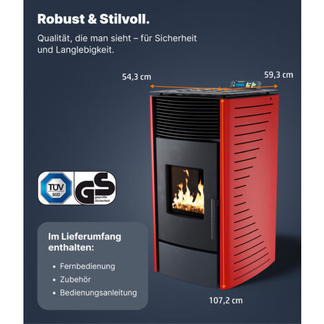 NEMAXX® Pelletofen P12 - Pelletheizung mit 13,6 kW – Pelletofen [HOHE HEIZLEISTUNG] – Pelletofen Elektrokamin Wi-Fi Ready – Pelletofen mit hoher Wärmeabgabe & Überhitzungsthermostat - Rot