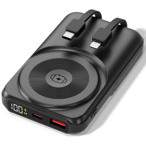 Powerbank 10.000 mAh USB-C Schwarz – Magnetische Wireless Powerbank (20 W), 2,5 W Watch Charger, 22,5 W QC & 20 W PD Schnellladen, Integriertes Kabel & Type-C Eingang, Aluminium-Handyständer (1/5)
