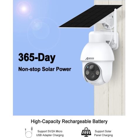 Caméra de Surveillance WIFI Exterieure 3MP sans Fil Solaire, Alarme Sonore, Audio Bidirectionnel, Détection de Mouvement PIR, Vision Nocturne Colorée de 30m, Compatible Alexa, ANRAN Q03 Blanc