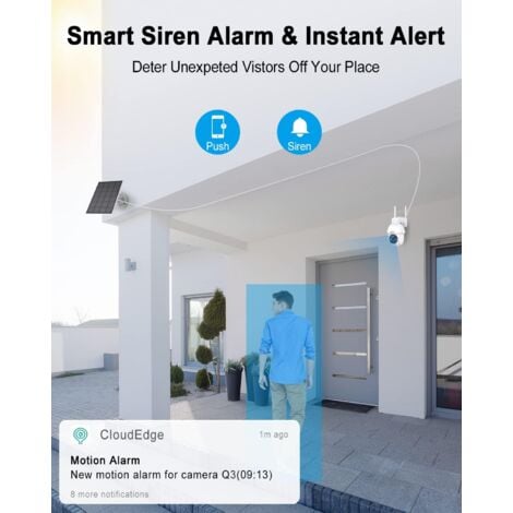 Caméra de Surveillance WIFI Exterieure 3MP sans Fil Solaire, Alarme Sonore, Audio Bidirectionnel, Détection de Mouvement PIR, Vision Nocturne Colorée de 30m, Compatible Alexa, ANRAN Q03 Blanc