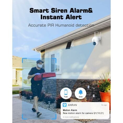 Caméra de Surveillance extérieur WiFi sans 5MP Fil  Sirène Alarme+Panneau Solaire 4 Spotlight+Siren, Vision Nocturne Couleur Détection Intelligente, Compatible Alexa, ANRAN Q01 Max Blanc