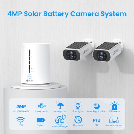 ANRAN Kit Caméra de Surveillance Sans Fil ,Vidéosurveillance,2 caméras batteries solaires 4MP,1 station 4CH avec 64GB carte sd