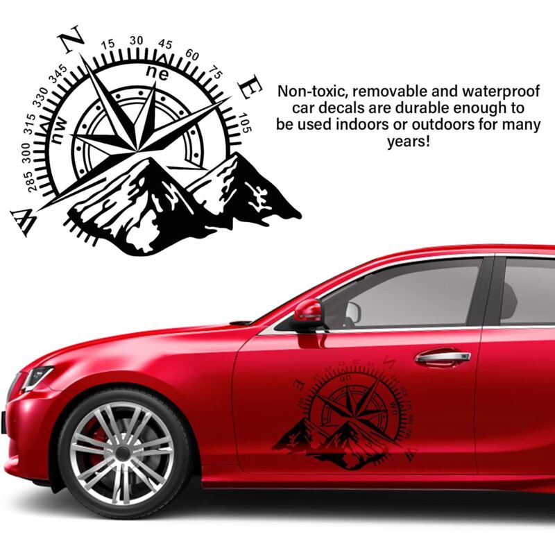 Autocollant Voiture Montagne Boussole - Décal Vinyle 100x29.5cm, Déco Capot/Porte/Coffre SUV