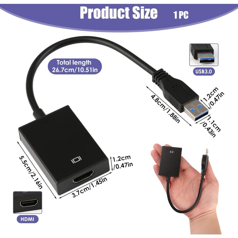Adaptateur USB Vers HDMI - Pour PC Windows, Résolution 1080p, Mode Miroir Et Extension - 7