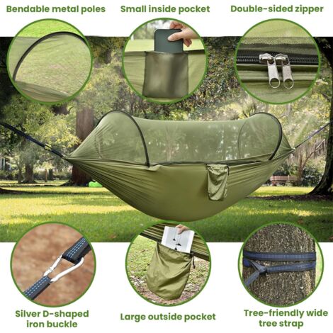 Hamac Avec Moustiquaire Double - Nylon 210T Ultra-léger - Charge 200kg - Inclus Sangles Et Mousquetons - Camping