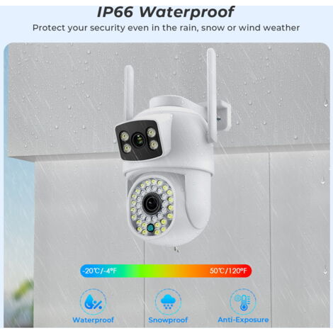 Camera de Surveillance Exterieur 2.5K, Camera Surveillance WiFi Exterieure Double Objectif 2.4Ghz, Détection Humaine, Vision Nocturne Couleur, Audio Bidirectionnel, Stockage SD et Cloud, IP66