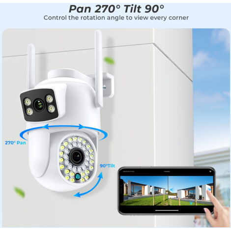 Camera de Surveillance Exterieur 2.5K, Camera Surveillance WiFi Exterieure Double Objectif 2.4Ghz, Détection Humaine, Vision Nocturne Couleur, Audio Bidirectionnel, Stockage SD et Cloud, IP66