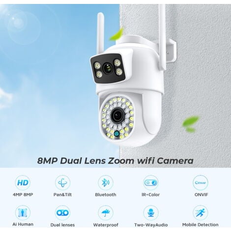 Camera de Surveillance Exterieur 2.5K, Camera Surveillance WiFi Exterieure Double Objectif 2.4Ghz, Détection Humaine, Vision Nocturne Couleur, Audio Bidirectionnel, Stockage SD et Cloud, IP66