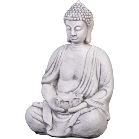 Statue de Bouddha en Pierre Solide avec Bol, Taille 40 cm, Couleur Gris, Poids 11 kg, en Pierre moulée résistante au Gel pour l'intérieur et l'extérieur