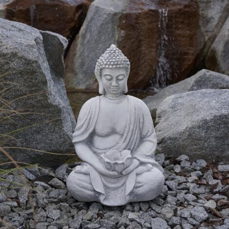 Statue de Bouddha en Pierre Solide avec Bol, Taille 40 cm, Couleur Gris, Poids 11 kg, en Pierre moulée résistante au Gel pour l'intérieur et l'extérieur