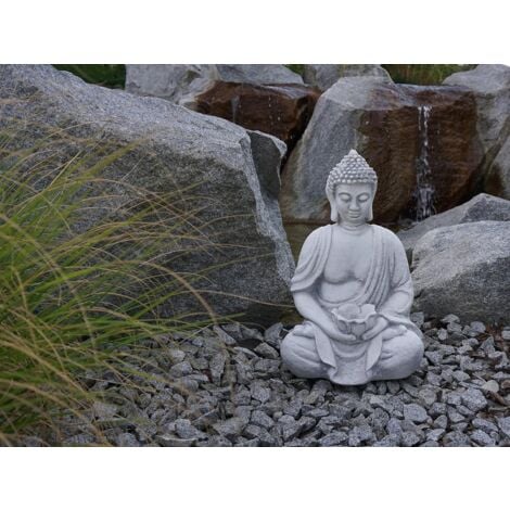 Statue de Bouddha en Pierre Solide avec Bol, Taille 40 cm, Couleur Gris, Poids 11 kg, en Pierre moulée résistante au Gel pour l'intérieur et l'extérieur