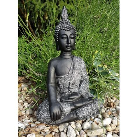 Statue de Bouddha Feng Shui Figure de Bouddha Décoration Grand Boudda Pierre Artificielle 45cm Argent-Noir