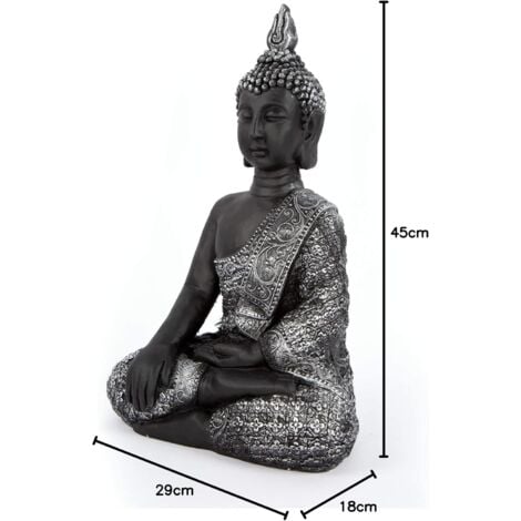 Statue de Bouddha Feng Shui Figure de Bouddha Décoration Grand Boudda Pierre Artificielle 45cm Argent-Noir
