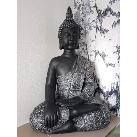 Statue de Bouddha Feng Shui Figure de Bouddha Décoration Grand Boudda Pierre Artificielle 45cm Argent-Noir