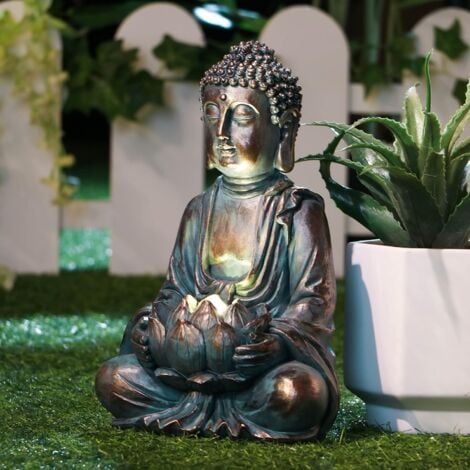 Bouddha Decoration Jardin Exterieur Lumière Solaire, Statue de Bouddha Assis, Figurine Bouddha Zen de Antigel Résistant aux Intempéries et au Gel Feng Shui,Cadeau Femme