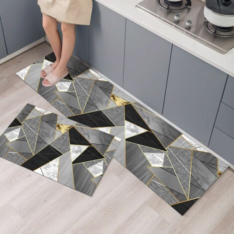 Tapis de cuisine antidérapants, Lot de 2 absorbent l'eau et l'huile - Tapis de cuisine - Tapis étanche à la poussière pour l'intérieur, 40 x 60 + 40 x 120 cm (géométrie noire)