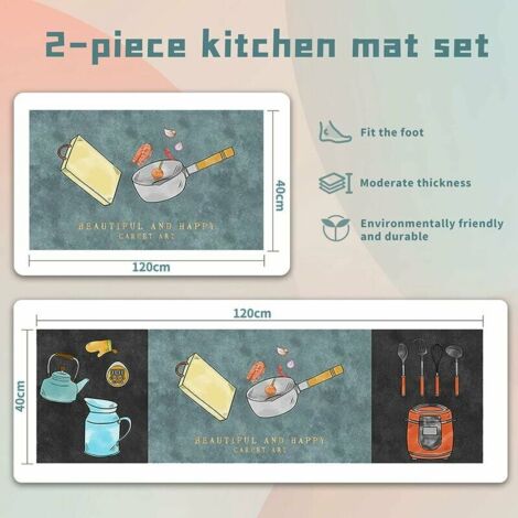 Tapis de cuisine antidérapants, Lot de 2 absorbent l'eau et l'huile - Tapis de cuisine - Tapis étanche à la poussière pour l'intérieur, 40 x 60 + 40 x 120 cm (géométrie noire)