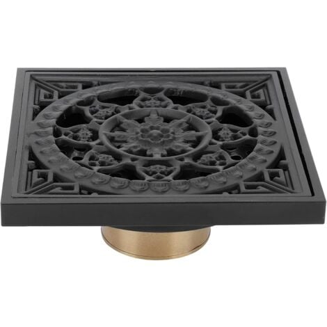 Siphon de sol noir 10 x 10 x 4 cm - Couvercle de siphon carré avec grille et filtre amovibles - Crépine de couvercle de siphon de sol en cuivre pour cuisine, salle de bain, balcon