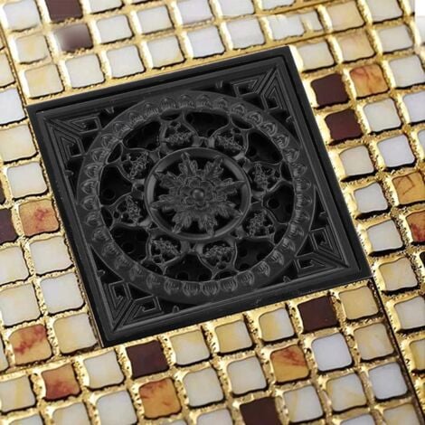 Siphon de sol noir 10 x 10 x 4 cm - Couvercle de siphon carré avec grille et filtre amovibles - Crépine de couvercle de siphon de sol en cuivre pour cuisine, salle de bain, balcon