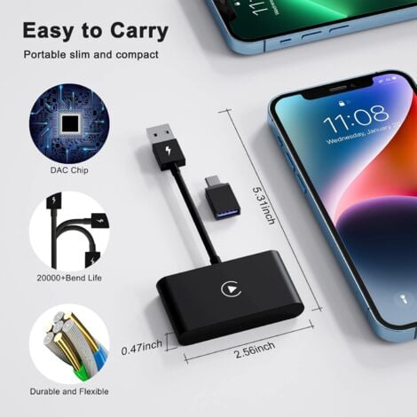 Adaptateur CarPlay pour iPhone Adaptateur sans fil, convertit CarPlay filaire en CarPlay sans fil 5 GHz WiFi Auto Connect, pour iPhone iOS 10+