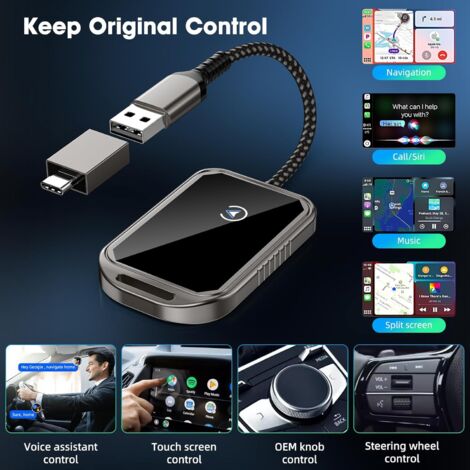 Adaptateur Carplay sans Fil pour Android - Adaptateur de Voiture 2 en 1, Adaptateur Carplay sans Fil pour iPhone, WiFi 5 GHz,Type-C/USB Plug & Play, Compatible avec iOS10+ et Android11+