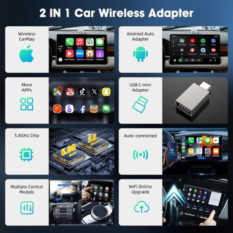 Adaptateur Carplay sans Fil pour Android - Adaptateur de Voiture 2 en 1, Adaptateur Carplay sans Fil pour iPhone, WiFi 5 GHz,Type-C/USB Plug & Play, Compatible avec iOS10+ et Android11+
