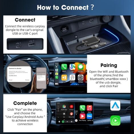 Adaptateur Carplay sans Fil pour Android - Adaptateur de Voiture 2 en 1, Adaptateur Carplay sans Fil pour iPhone, WiFi 5 GHz,Type-C/USB Plug & Play, Compatible avec iOS10+ et Android11+