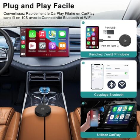 CarPlay sans Fil Adaptateur pour iPhone, Adaptateur CarPlay sans Fil Convertit CarPlay Filaire en CarPlay sans Fil Compatible avec Voitures Après 2017
