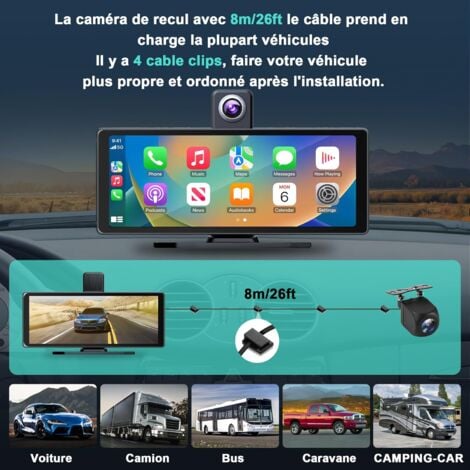 Autoradio sans fil, audio de voiture portable 10,26 pouces, écran Carplay avec caméra de tableau de bord double 4K avant + arrière 1080P, lecture de voiture sans fil avec Mirror Link/S-iri/AUX/128G TF