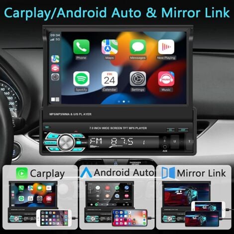 Autoradio de Voiture 1 Din Compatible avec Carplay et Android Auto, écran Tactile HD de 7 Pouces avec Mirror Link, Caméra de Recul, Volant, Mains Libres Bluetooth, FM, Port USB/SD/AUX
