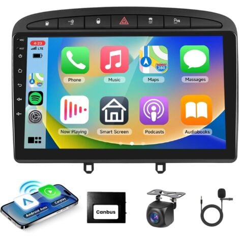 Autoradio Carplay pour Peugeot 308/408 2007-2013, Autoradio 9" avec écran Tactile et sans Fil A-pple Carplay Android Auto, Bluetooth/GPS/WiFi/FM/RDS/SWC/HiFi/USB+Caméra arrière